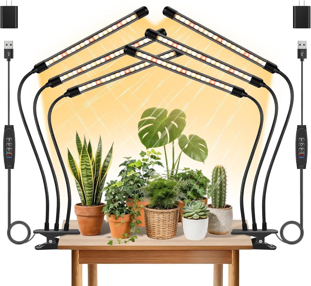 3 Heads Plant Lights for Indoor Growing, 2 Pack Grow Lights for Seed Starting, Full Spectrum Clip Grow Lamps with Auto ON & Off Timer 3/9/12H, 3 Switch Modes, 10 Dimming for Houseplants