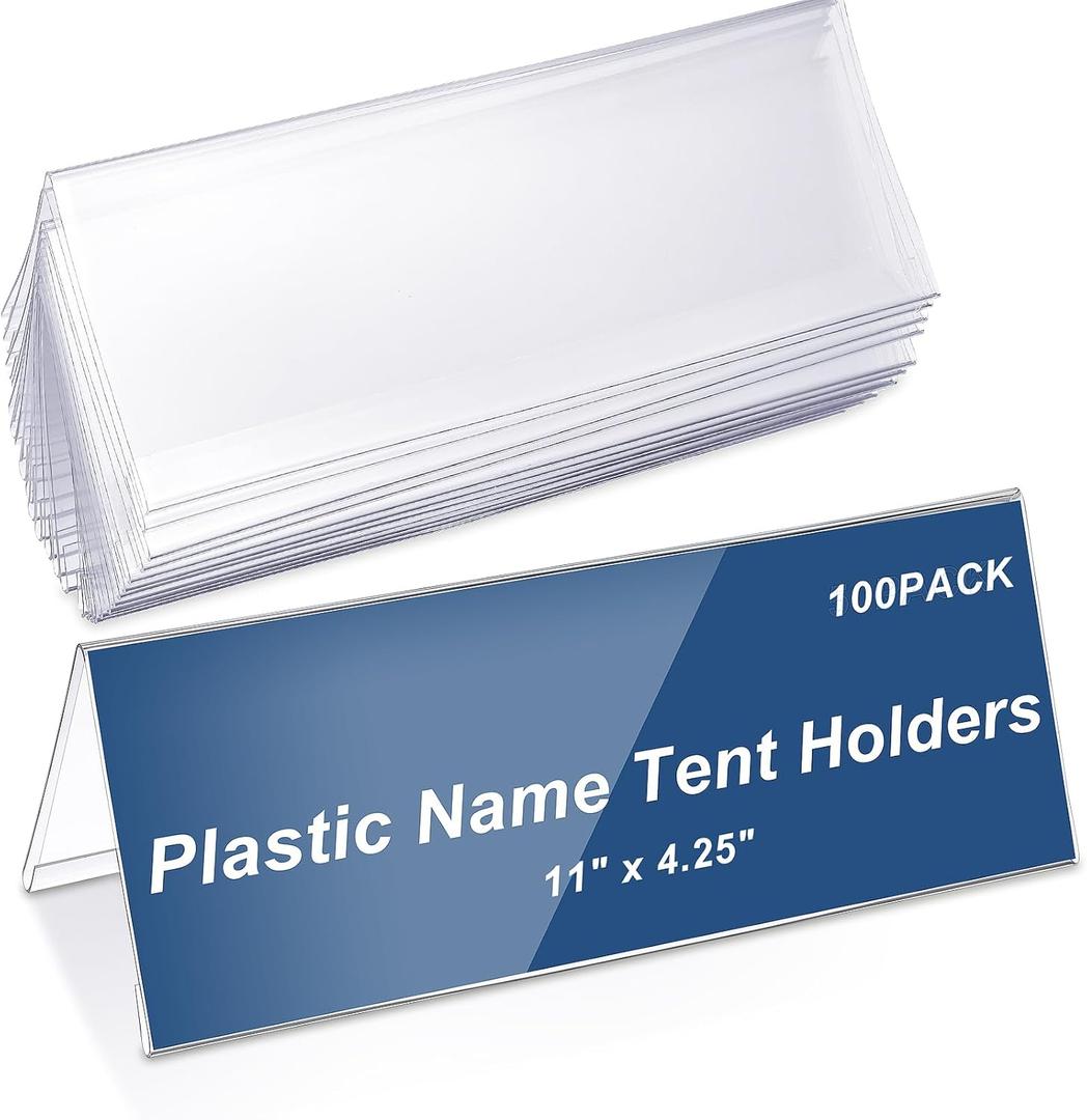 Vicenpal 100 Pieces Clear Plastic Name Tent Holders 11" x 4.25" Acrylic Name Plate for Desk PVC Card Tent Holder Desk Sign Frame for Table Office Business Conference Meeting Room School Display Stand