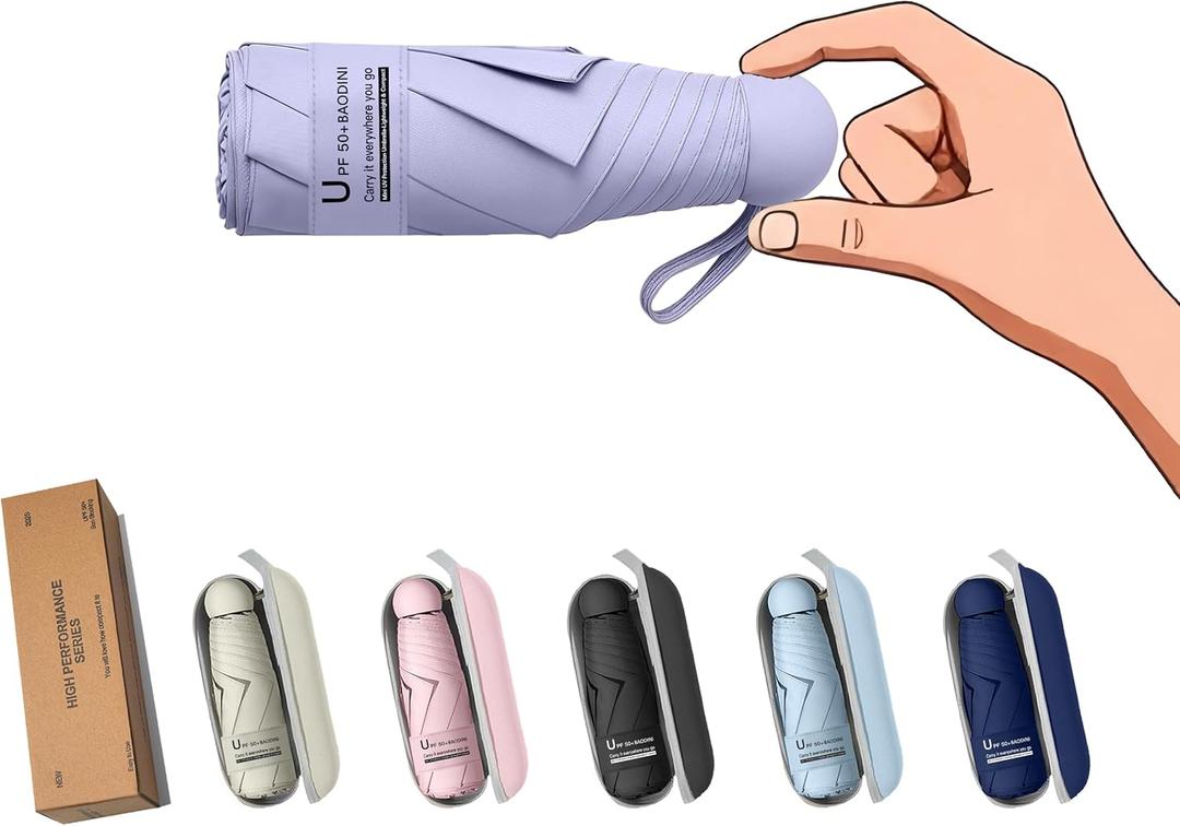 BAODINI Travel Essentials Mini Umbrella for Purse With Case Small Compact UV Sun Protection Lightweight Tiny Pocket Manual Open Close Umbrella for Women Kids and Men Fits Purse Backpack