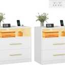 VASAGLE Custos Collection - Set of 2, 23.6 Inch Wide Nightstands with Charging Station, LED Lights, Modern Night Stands, Side End Tables with Drawers, Open Shelf, 2 AC Outlets USB Ports, Cloud White