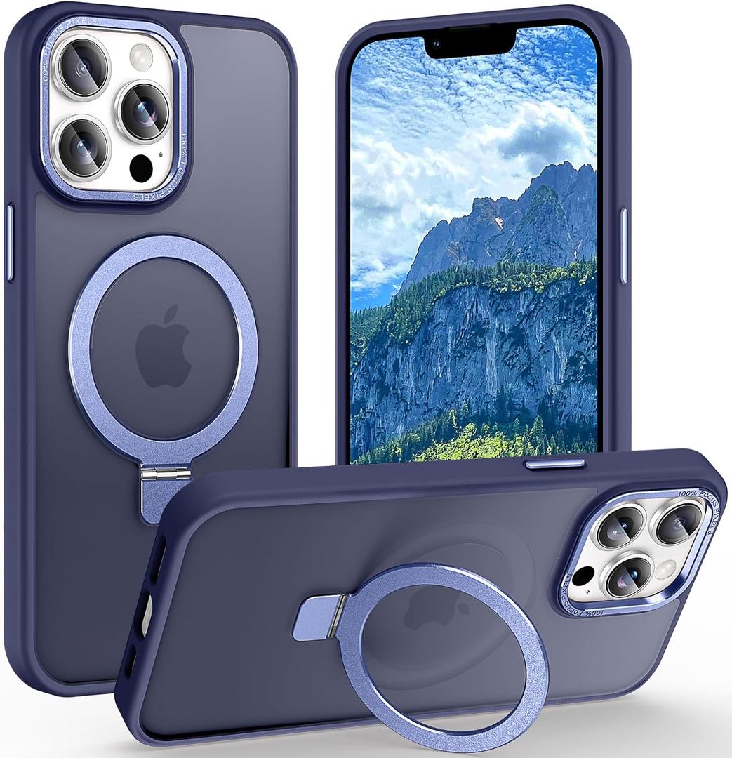 Magnetic for iPhone 13 Pro Max Case with Ring Stand, [10 FT Drop Protection] [Velvety Touch] Slim Translucent Matte Back Shockproof Phone Case for iPhone 13 Pro Max 6.7'', Blue
