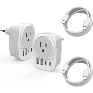 European Travel Plug Adapter,Universal Travel International Power Adapter 2 USBC Port and 2 USBA Port,Fast Charging USB C-C Woven Cable,USB C Power Plug for US to Europe Adapters for Multiple Devices