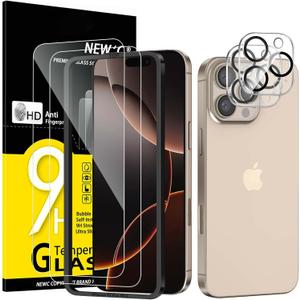 2 x NEW'C 2 Pack for iPhone 16 Pro Max Screen Protector (6.9 inches) + 2 Pack Camera Lens Protector, Sensor Protection, Case Friendly Tempered Glass Film - Easy installation tool included