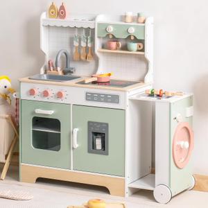 ROBUD Wooden Play Kitchen Set for Kids Toddlers, Pretend Kitchen Playset with BBQ Grill, Ice Maker, Coffee Machine, and Accessories, Toy Kitchen Gift with Lights & Sounds for Girls & Boys, Age 3+, 27.5*11.6*33.7 in