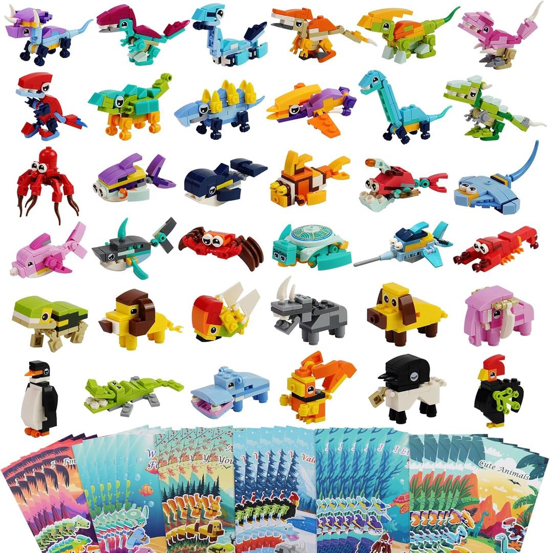 36 Packs Valentines Day Gifts for Kids, Marine Organism, Animal and Dinosaur Building Blocks with Valentines Cards for Kids Classroom School Gift Exchange, Party Favors