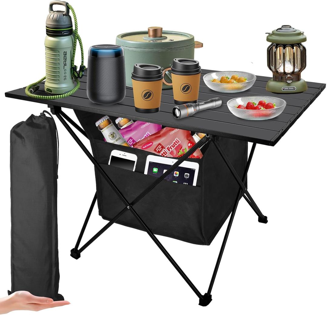 Foldable Camping Side Table, Ultralight Small Beach Table Aluminum, Portable Outdoor Table with Carry Bag and Storage for Picnic, Grill, Hiking, Fishing, Sand, Camping Essentials(L)