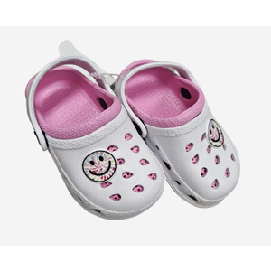 Childrens White Pink Clogs With Smile Design Girls Tie Dye Happy Face Slip On, Size  9