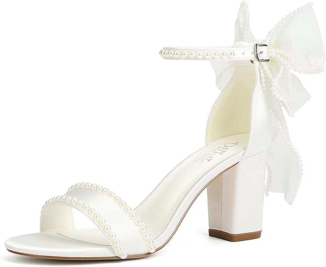 Pearl Heels Wedding Shoes for Bride Block Heel Bridal Shoes Bow Tie Heeled Sandals Wedding Heels (8, Ivory)