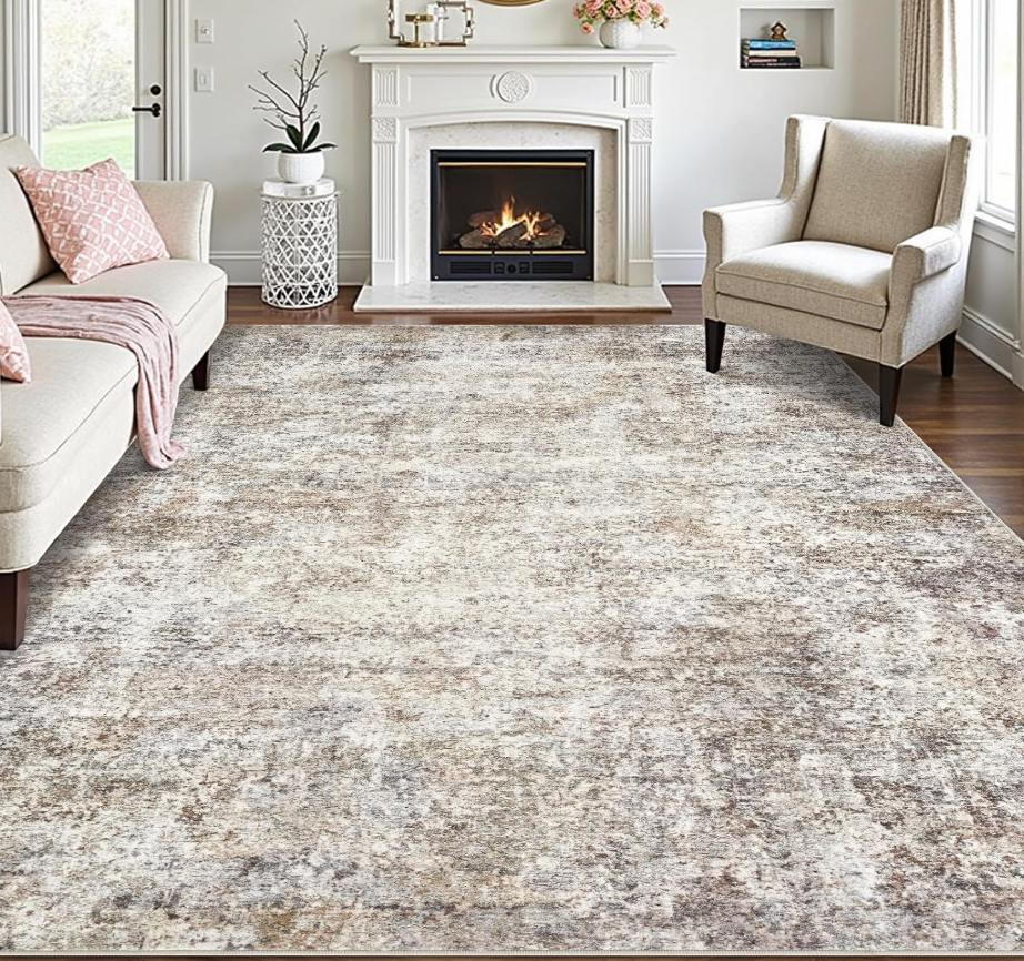 Area Rugs for Living Room: 9x12 Washable Neutral Abstract Rug for Bedroom Large Soft Modern Dining Room Rugs Indoor Floor Low Pile Carpet for Home Office Nursery - Brown Grey