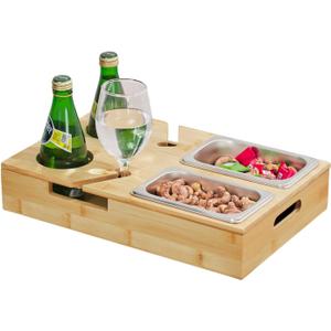 Bamboo Couch Cup Holder Tray with 2 Stainless Steel Snack Bowls - Large Sofa Caddy Organizer (15.5" x 9.8") with Wine Glass Slots & Handles - Portable Bed & Couch Food Server for Movie Night