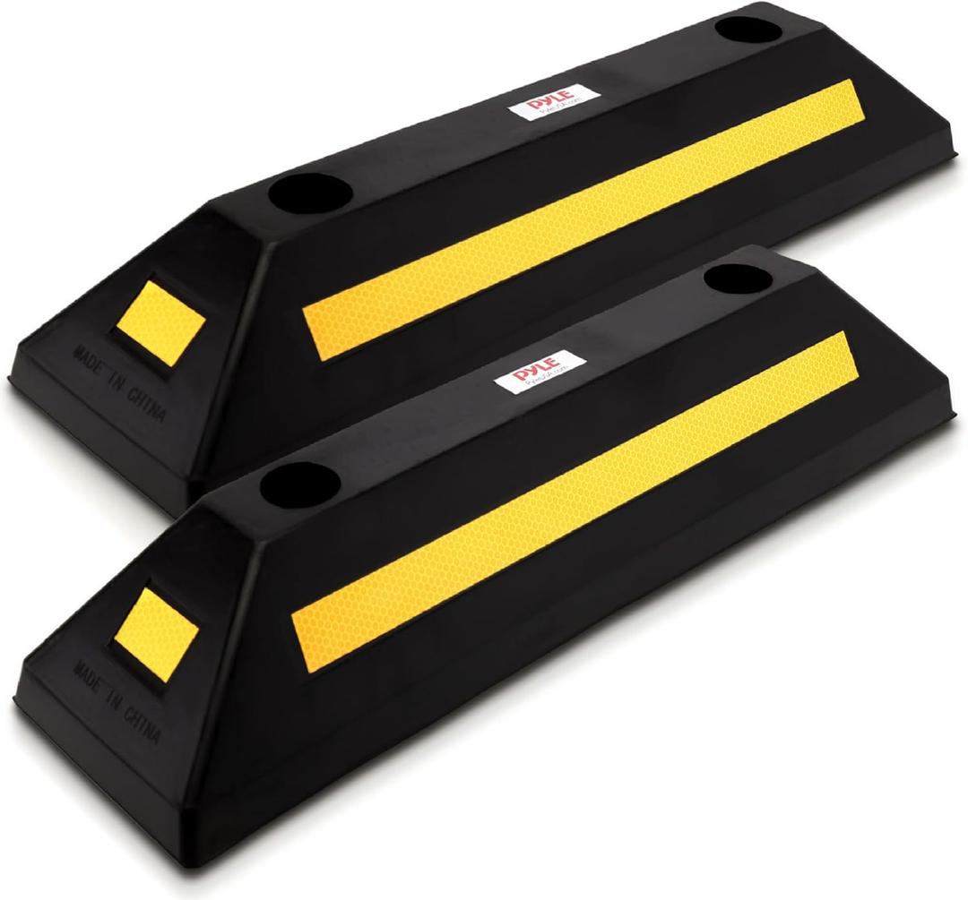 Pyle 2-Pack Heavy Duty Rubber Wheel Stops for Garage Parking Durable, High-Visibility Tire Blocks for Cars, Trucks, Vans, RVs, Trailers, Forklifts Reflective Safety Strip Included