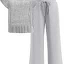 ANRABESS Women Two Piece Outfits Crochet Sheer Knit Sweater Top Wide Leg Pants Lounge Matching Sets Sweatsuit Travel Clothes (Medium, Light Grey)