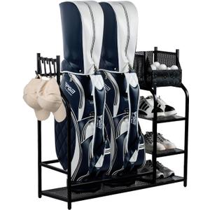 MyGift Golf Bag Stand for Garage, Black Metal Extra Large Golf Garage Storage Organizer with 4 Shelf Ball Holder, Shoe Organizer, and 5 Hook Hanger, Golf Accessories Gift for Men