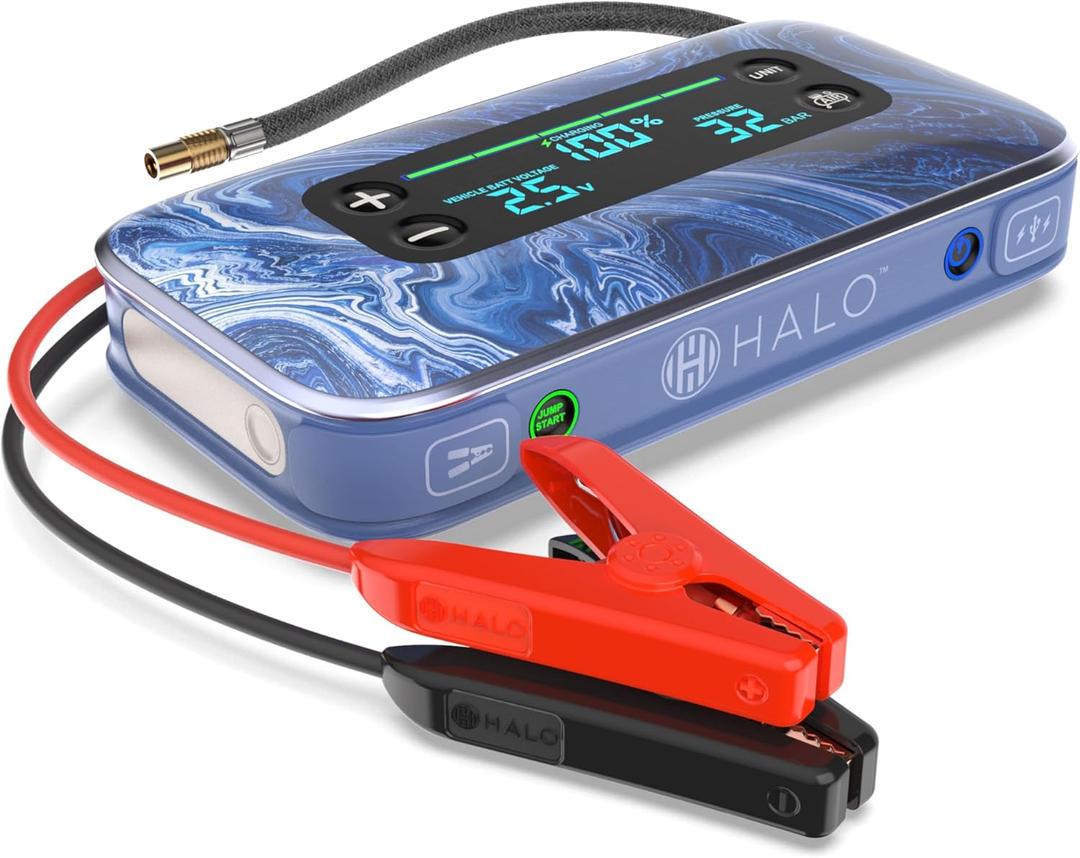 HALO Bolt Air+ 1750 Portable Car Battery Jump Starter | 130 PSI Air Compressor, 59.9Wh USB Power Bank, Large Display, Emergency Floodlight & Charger, Jumps Cars SUVs & Trucks, Inflates Tires  Blue
