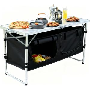 JOUYEK Camping Table, Folding Camping Table with Storage, Portable Kitchen Table, Lightweight, 3 Heights Adjustable Camping Furniture for BBQ, Picnic, Camping, Hiking, Beach, Outdoor Black