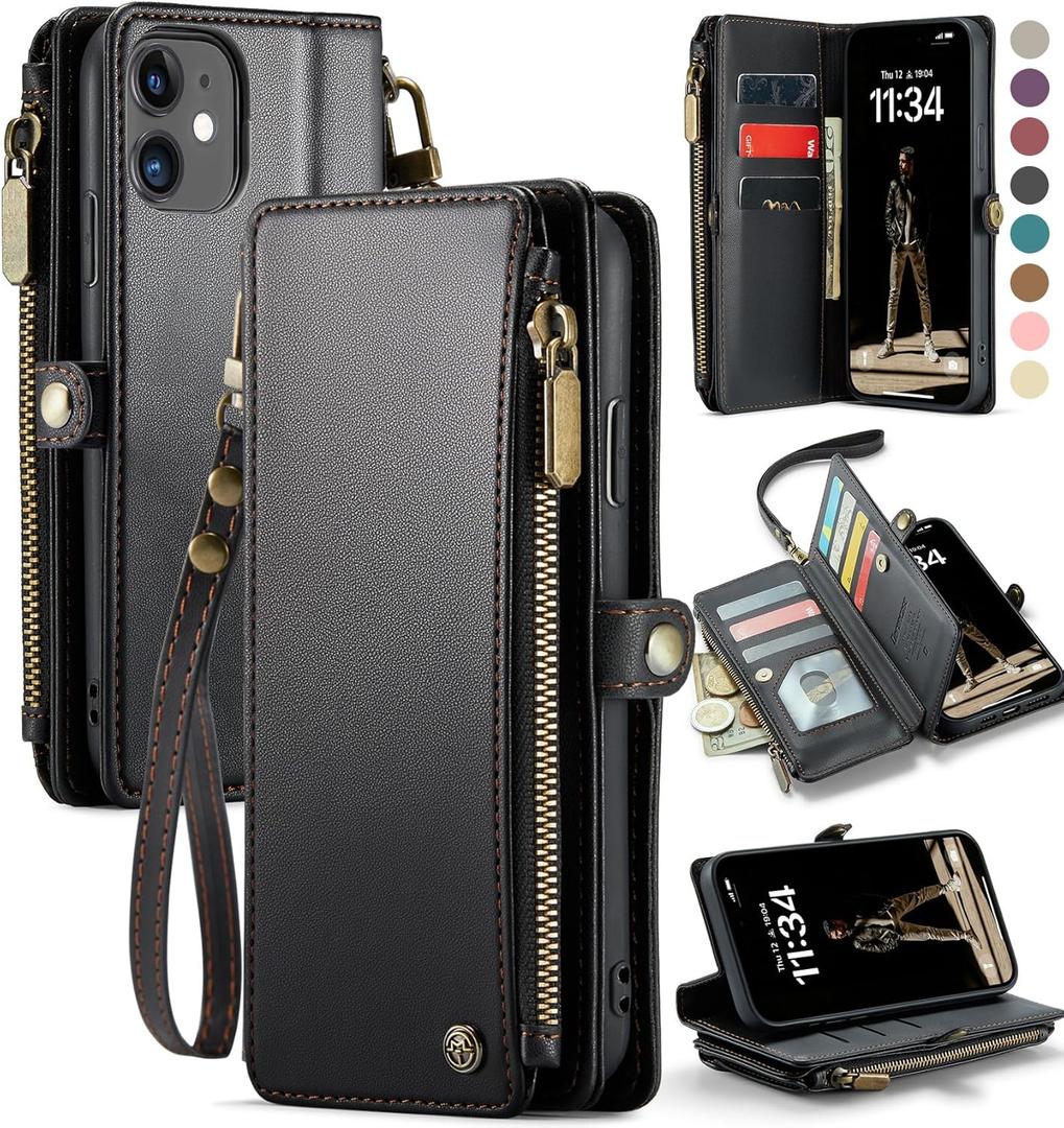 Defencase Compatible with iPhone 11 Case Wallet with RFID Blocking Card Holder for Women and Men, Fashion PU Leather Magnetic Snap Flip Zipper Strap Wallet Phone Case Fit for iPhone 11 6.1", Black