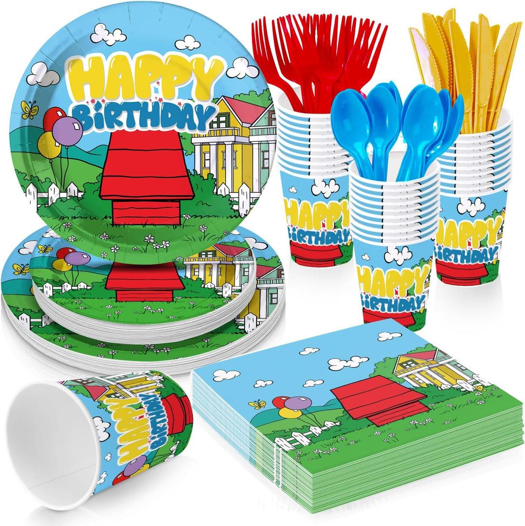 Cartoon Dog Party Supplies for kids Cartoon Themed Birthday Party, Peanuts Party Decorations Disposable Tableware Set With Plates, Cups, Napkins & Cutlery for 24 Guests