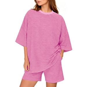 MSBESYOR Women 2 Piece Striped Lounge Set Short Sleeve Pajamas Shorts Sets Large, Pink 