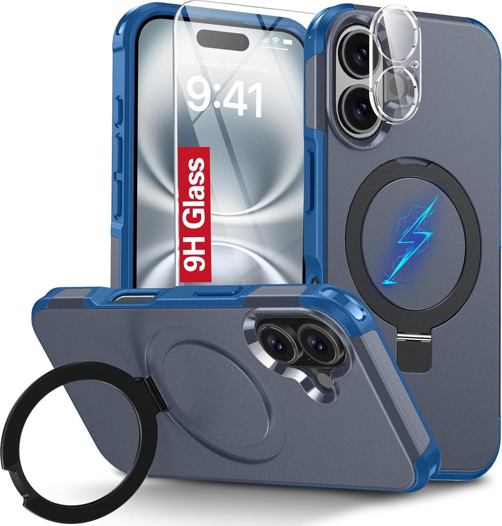 Oterkin Magnetic for iPhone 16 Case Compatible with MagSafe [Foldable Invisible Stand][Tempered Glass Screen Protector & HD Camera Lens Protector] 15FT Military Dropproof Phone Case (Blue)