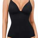 Women's Plunge Deep V Neck Bodysuits with Built in Bra Sleeveless Double Lined Body Suits Tops,Size L , Black 