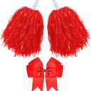 Hotop 3 Pcs 10 in Cheerleading Pom Poms and Large Cheerleader Hair Bow Cheer Pompoms Cheerleading Accessories for Sport Events Dance Party Basketball Football Team(Red,Classic)