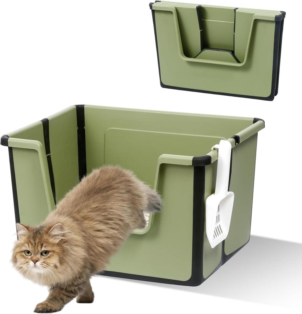 Portable Travel Litter Box for Cats, Foldable Litter Box with Scoop for Kitty, Low Entry Large Litter Tray with High Sides, Collapsible Cat Toilet for Car, RV,Airplane Travel (Green)