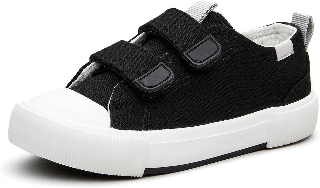 Toddler Low Top Canvas Sneakers Adjustable Straps Boys and Girls Slip on Shoes (Black)