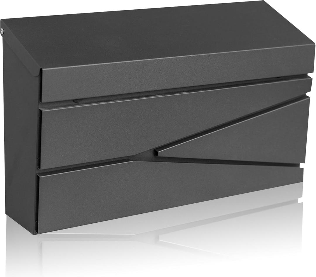 Ydocabinit Wall Mount Mailbox, Large Capacity Mailbox for House, Galvanized Steel Rust-Proof Metal Post Box Drop Mailboxes for Outside, 15.74"9.84"4.33", Black Modern Sleek Style