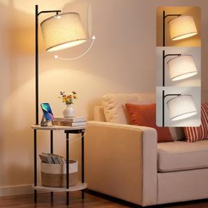 ONEWISH Floor Lamp with Table, USB/Type-C/AC Charging Ports, 9W LED Bulb, Round Table & Nightstand for Bedroom & Living Room (White)