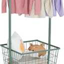 Rolling Laundry Cart with Wheels, Laundry Hamper Basket Organizer with Clothes Hanging Rack, Wire Storage Cloth Shelf Butler, Green, 23 x 19 x 2.73 inches