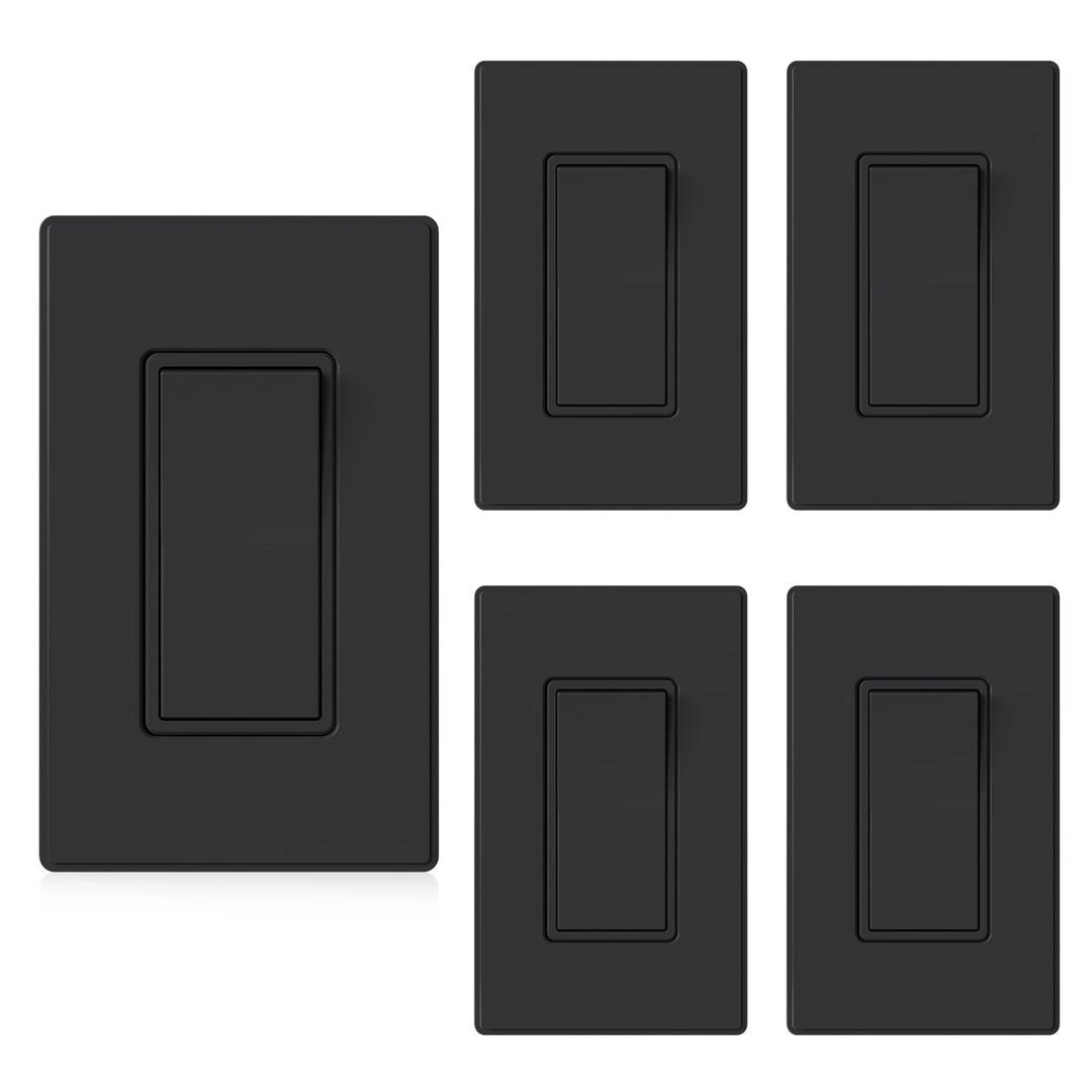 ELEGRP Matte Black 3 Way Decorative Light Switch with Plate, 15Amp, 120-277 Volt, AC Rocker Paddle Wall Switch Replacement, Self-Grounding, Residential Grade, w/Wall Plate, UL Listed (5 Pack)