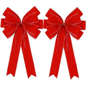 2 Pack Red Christmas Bows Outdoor Decorations,12”x20” Large Velvet Wreath Bow with Glitter String Gold Edge for Xmas Tree Topper Home Front Door Decor