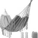 Double Boho Macrame Hammock with Elegant Tassels for Patio, Yard, Beach Wedding Decor, Outdoor and Indoor Up to 450lbs Include Tie Ropes and Drawstring Bag (Grey)
