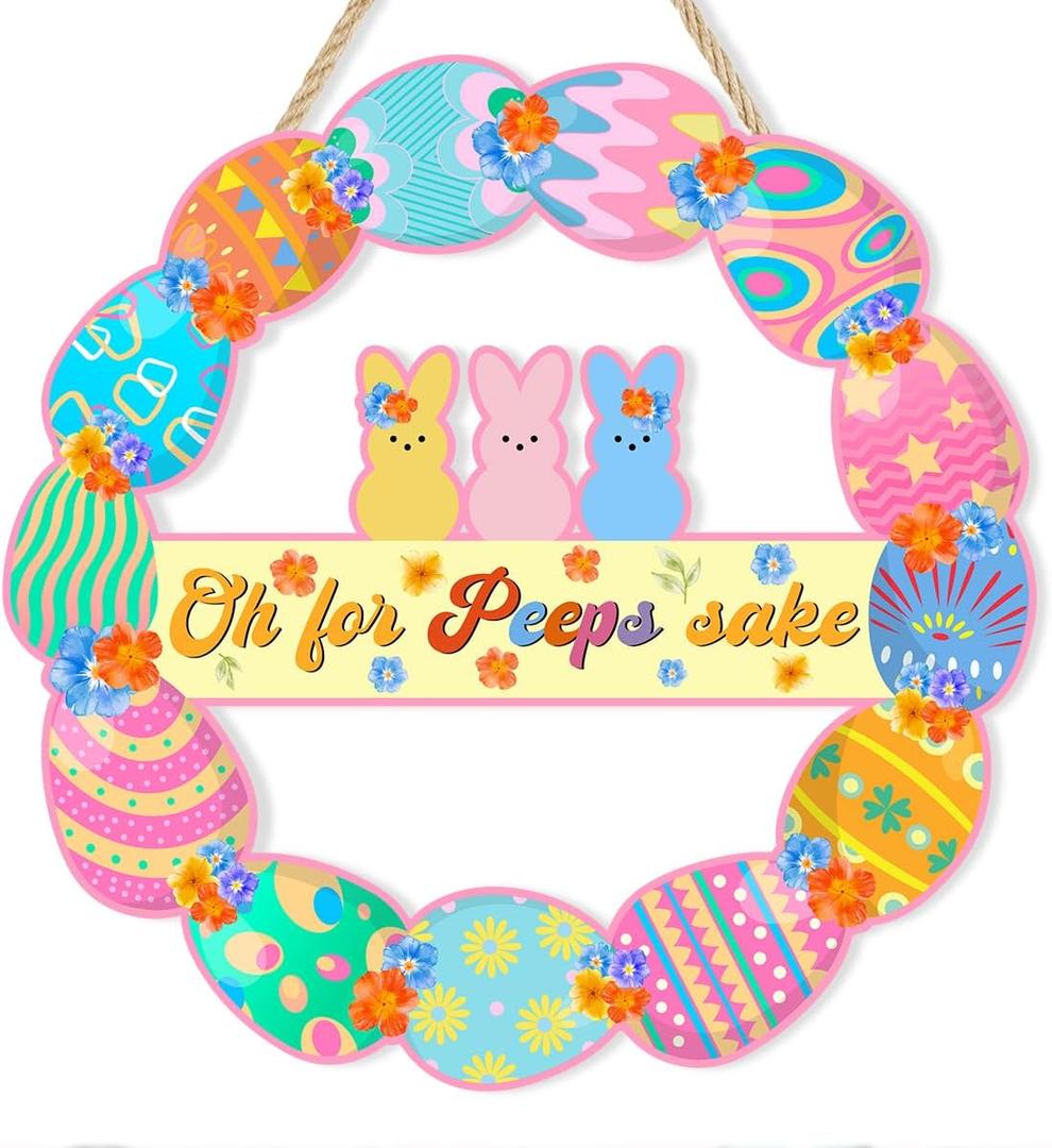 Pink Happy Easter Wreaths for Front Door Peeps Decorations for home Sign Easter Eggs Decor Wooden Wall Decor for Home Office Living Room Bedroom Farmhouse Door Wall Party Supplies 10x10x0.12 inches (Sake)