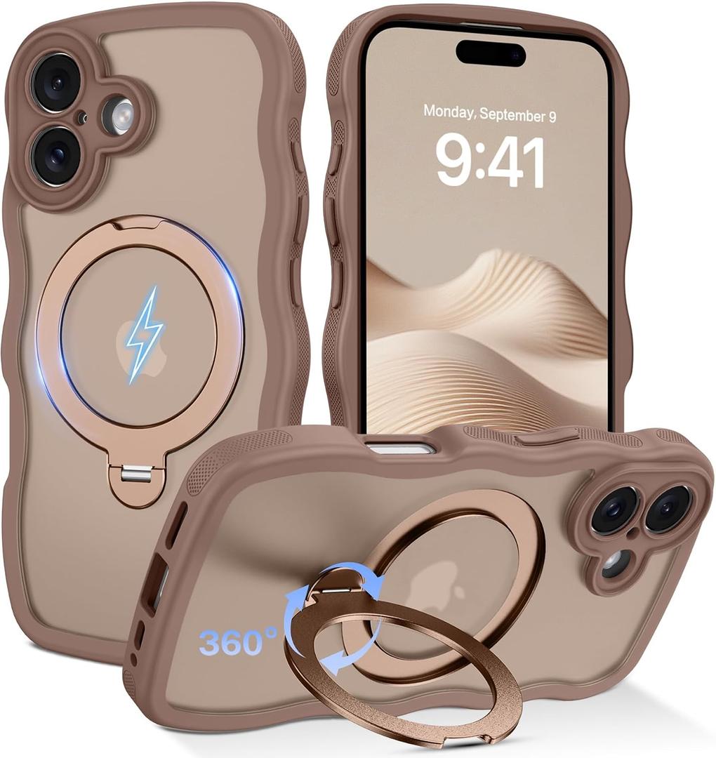 3 x Compatible with Magnetic iPhone 17 Case 2025, with 360 Rotatable Kickstand Magnet Ring Holder [Compatible with Magsafe] Cute Slim Matte Drop Protective Bumper Phone Cover, Desert Titanium