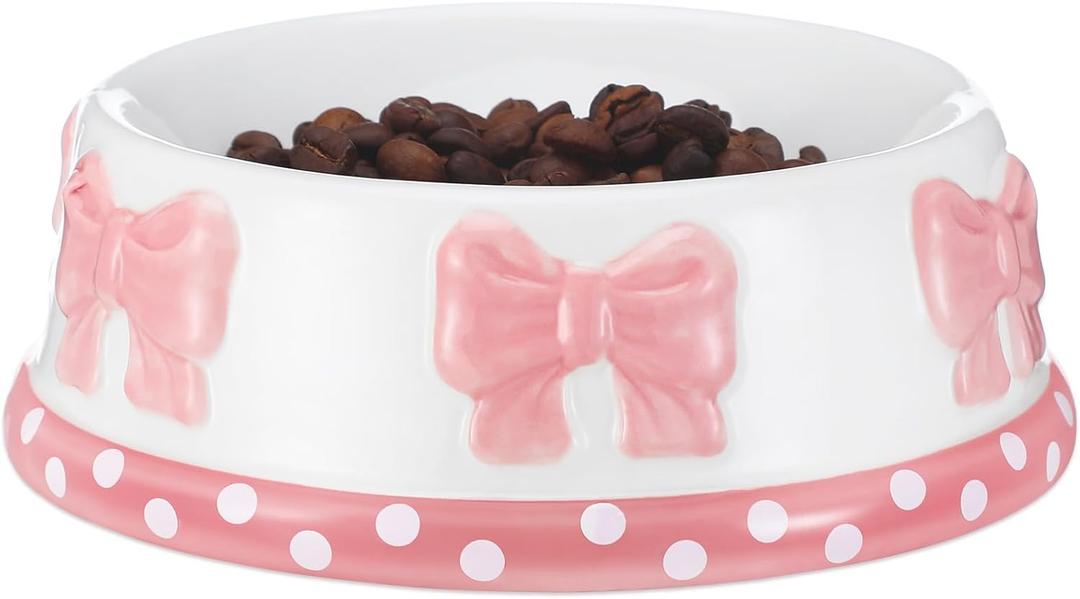 Reallnaive Pink Bow Ceramic Bowl for Small Dog and Cat Cute Bowtie Pet Bowl for Food Water Macaron Pink Dish Pets Feeding Bowls Suitable for Small Cat Dogs(1 Pcs)