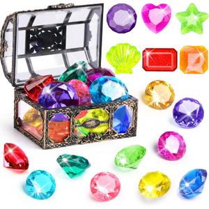 DISHIO Diving Gem Pool Toys 16PCS Large Swimming Pool Toy Set with Pirate Treasure Box Chest for Kids Toddlers Underwater Sinking Dive Gems Colorful Diamond Diving Toys for Swimming Training (16pcs Multi-colored)