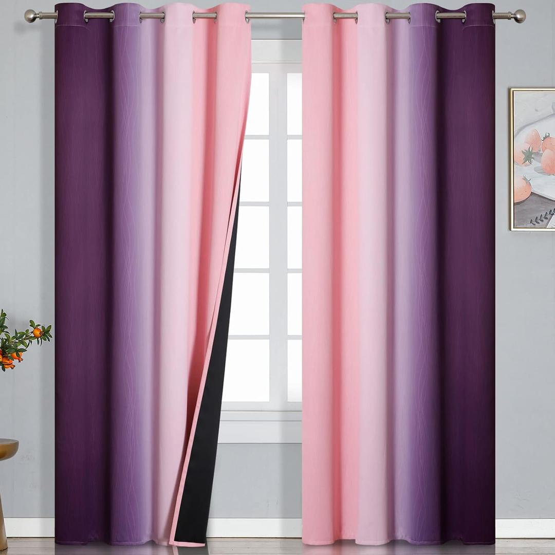 Estelar Textiler Pink and Purple Ombre Blackout Curtains 90 Inches Long 2 Panels Set, Thermal Insulated Gradient Drapes for Bedroom, Full Room Darkening Energy Saving Curtains for Living Room, 52"W x 90"L (Pack of 2), Pink and Purple