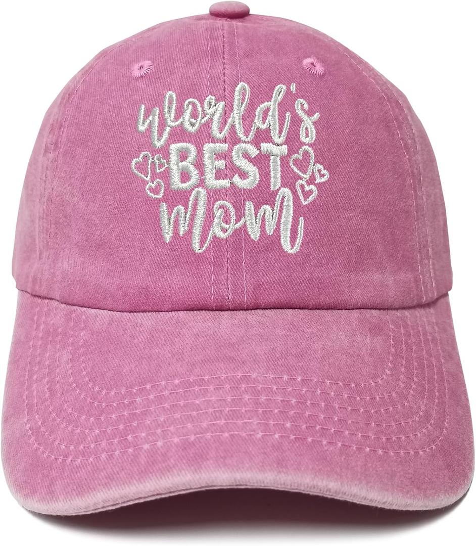 World's Best Mom Hat for Women, Gift of Mothers Day, Washed Pink Baseball Cap for Mother, Adjustable Cotton Snapback Dad Hat