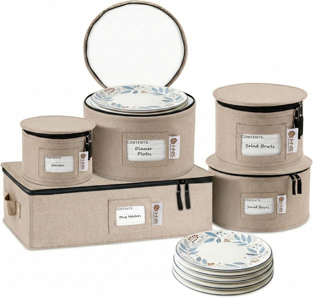 China Storage Hard Shell Containers 5-Piece Set Moving Boxes for Dinnerware, Glasses, Plates, Mugs and Saucers Sturdy Dish Organizer with Dividers for Seasonal Storage - Service for 12 - Brown