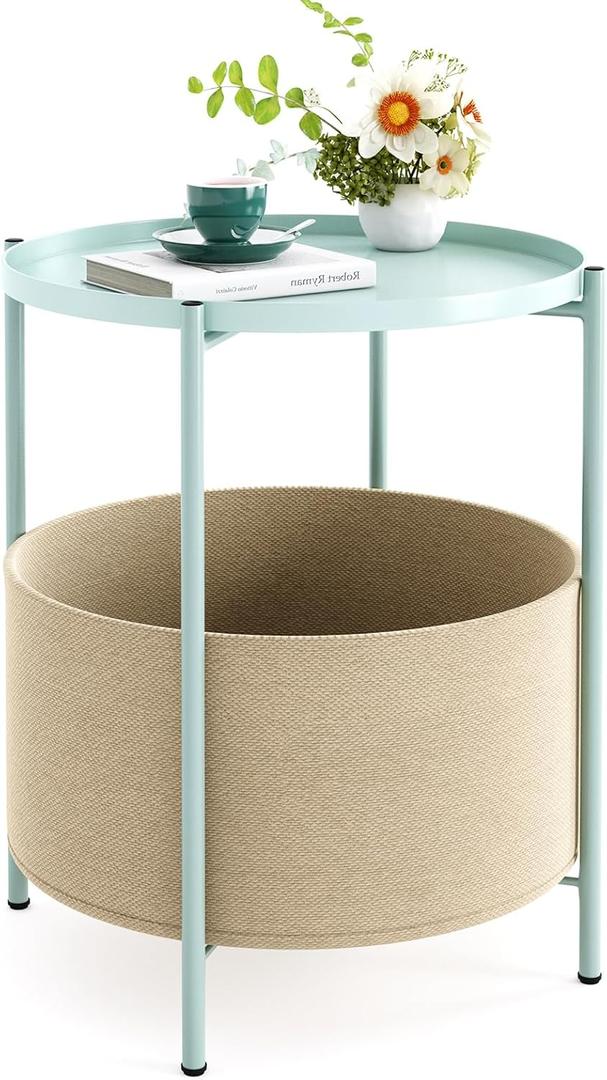 Fixwal Round Side Table, Nursery Side Table, End Table with Fabric Storage Basket, Metal Small Nightstand with Removable Tray for Living Room, Bedroom, Nursery, Mint Green