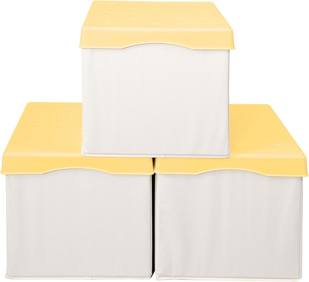 Thick Stackable Storage Bins with Lids, 3-Pack Collapsible Storage Boxes Organizer, Heavy-Duty Storage Containers Baskets Cubes with Thick Lids for Bedroom, Closet, Office, Beige