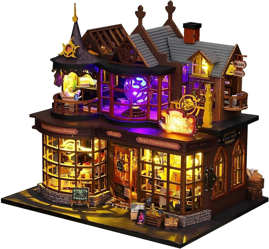 OZJAY DIY Miniature House Kit, Mini House Building Kit with Furniture, Miniature Kit for Adults Teen, Open Door Design Model Dollhouse Kit for Birthday Christmas Father's Day, Magic Treasure House