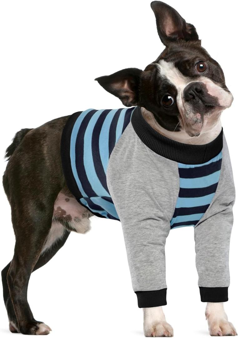 FUAMEY Dog Recovery Sleeve with Elbow Protector,Dogs Shirt Stop Licking Joints,Pet Long Sleeve Suit Protecting Dog's Front Leg Arm Wounds Cover Skin Conditions Blue Stripe,Size S