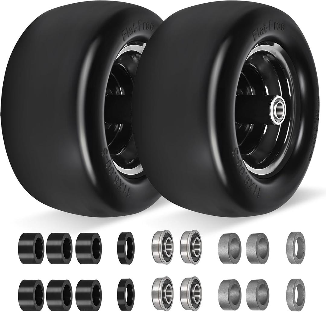 2 Pack 11x6.00-5" Flat Free Tire,Solid Rubber Lawn Mower Tires Kit with 3/4" 5/8" Bushings and 6"- 8" Centered Hub,11x6-5 Tire and Wheel Assemblies for Zero Turn Mower
