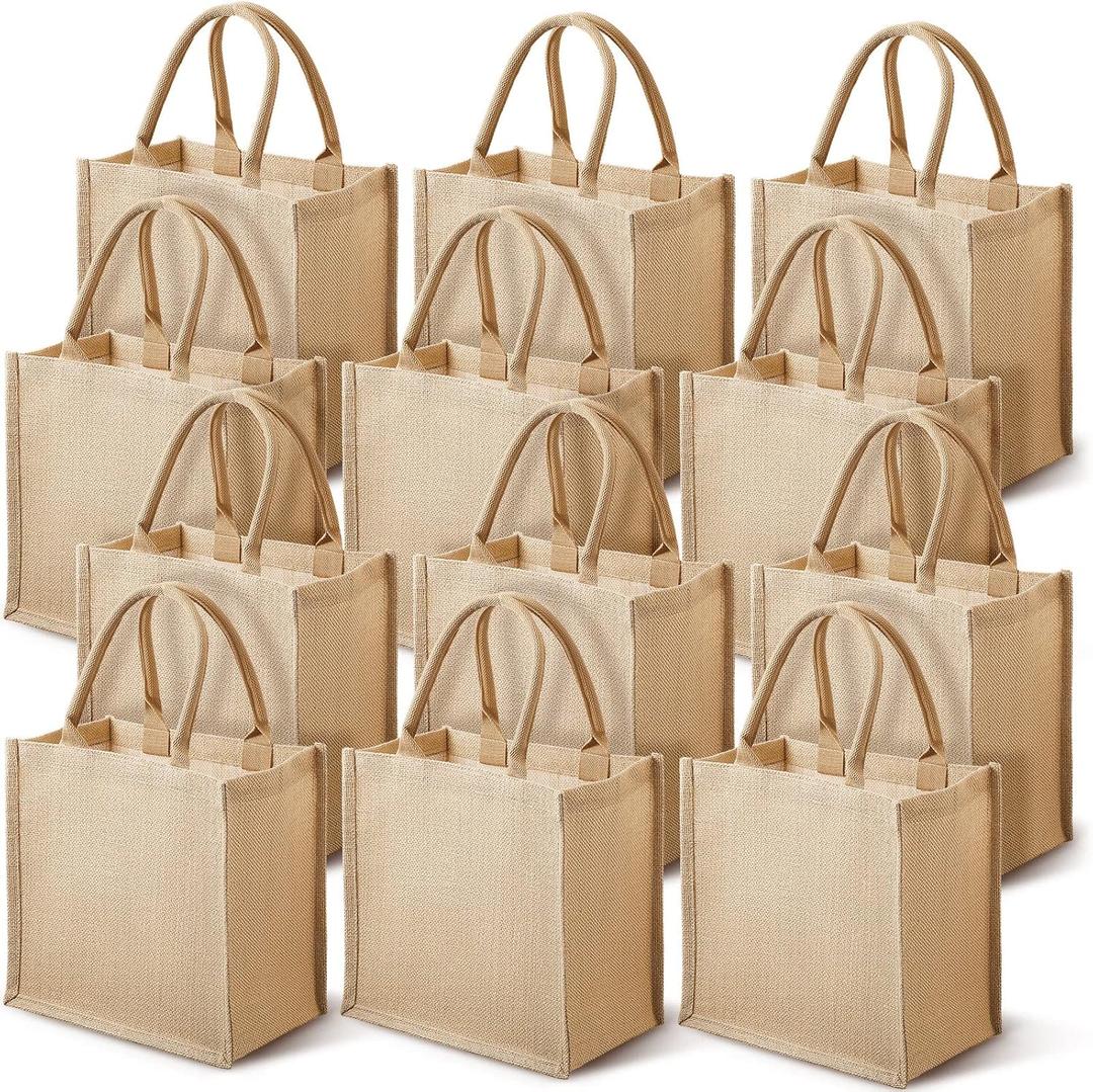 Saintrygo 12 Pcs Burlap Jute Tote Bags with Handle Reusable Blank Bridesmaid Gift Bags for Shopping Wedding DIY, 12x12x7.7In(Jute) (Khaki)