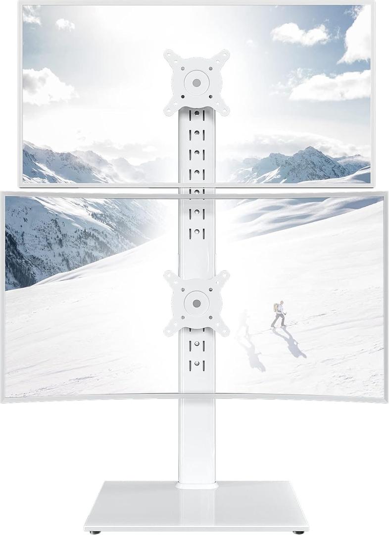 Dual Monitor Stand - Vertical Stack Screen Free-Standing Monitor Riser Fits Two 13 to 34 Inch Screen with Swivel, Tilt, Height Adjustable, Holds One (1) Screen up to 44Lbs HT05W-002 White