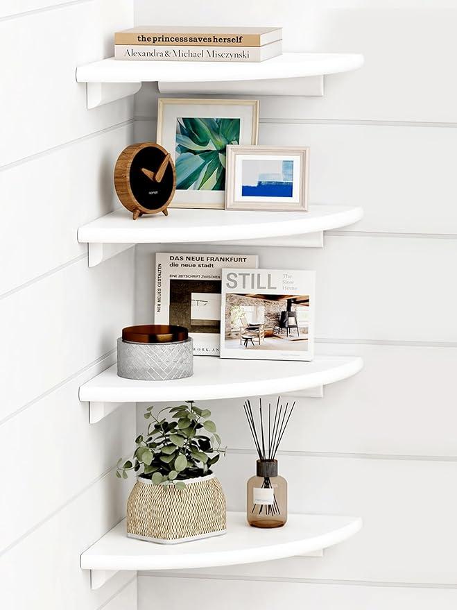 Forbena White Corner Floating Shelves for Wall Set of 4, Rounded Corner Shelves Wall Mounted for Kids Bedroom Books, Cute Wood Hanging Corner Shelf for Bathroom Decor, Living Room, Small Spaces