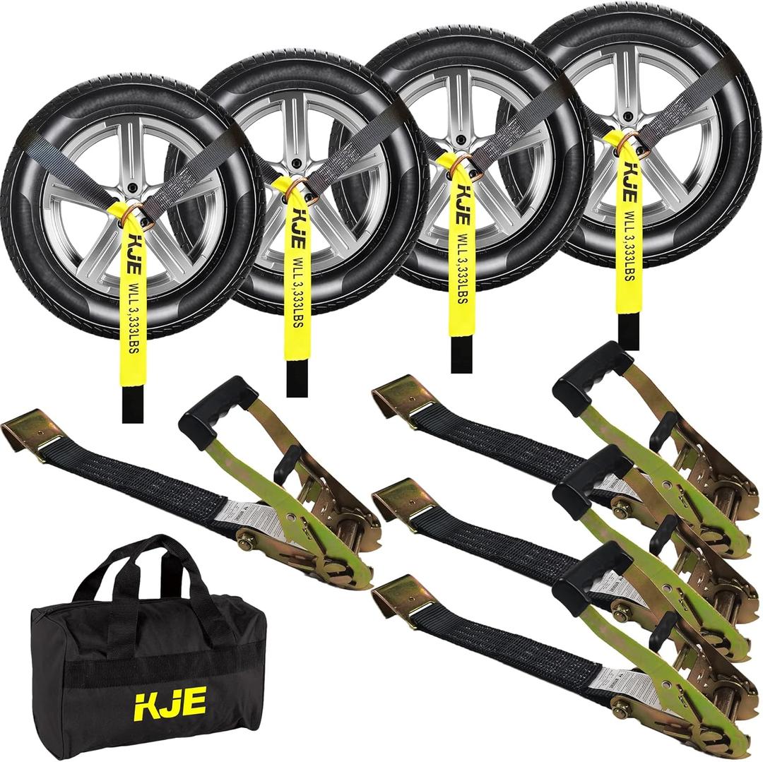 KJE 4 Pack Car Tie Down Straps for Trailers  Tire Ratchet Strap with Flat Hooks  2" x 10' 10,000LBS Break Strength  Lasso Style Wheel Straps for Hauling UTV, SUV, Any Cars