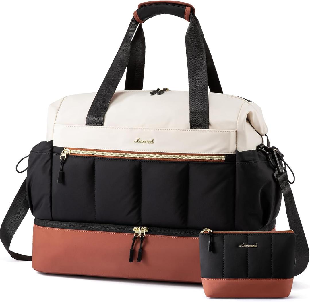 LOVEVOOK Travel Duffel Bag, Weekender Bags for Women, Large Overnight Bags with Shoe Compartment, 47L Carry on Gym Hospital Bag with Wet Pocket, 2 Pcs (Beige-Black-Brown)